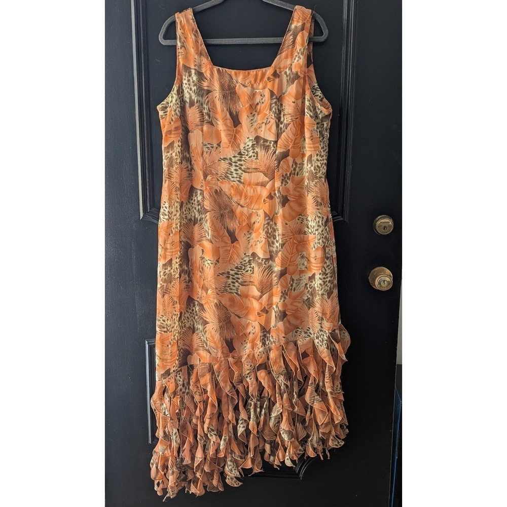 Vtg Chiffon Tropical Leopard Ruffle Midi Dress Asymmetrical Hem Sz‎ 14 Cocktail